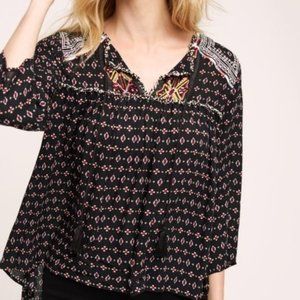 Anthropologie Black Embroidered Peasant Top- Maeve